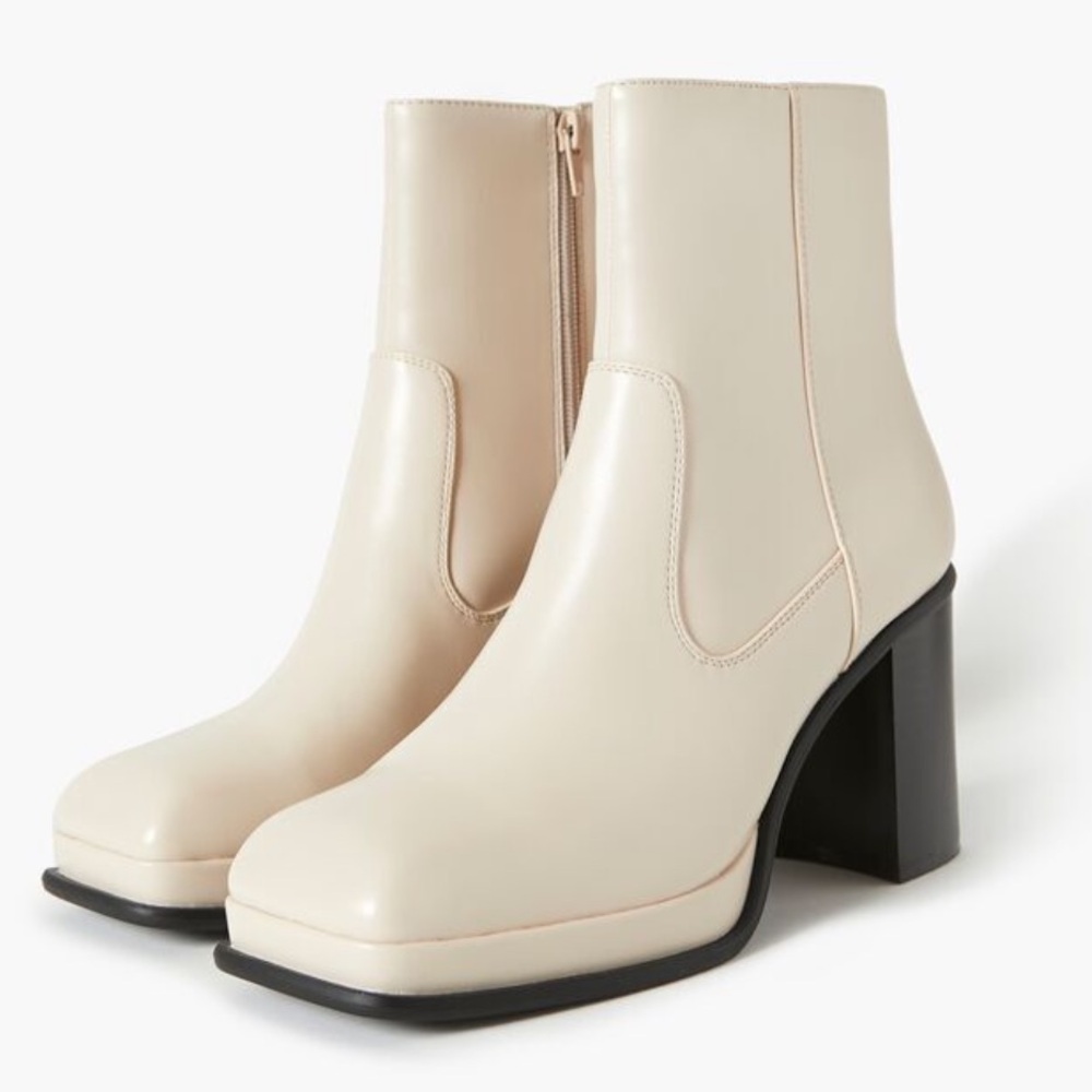 Cream Leather Square Toe Booties